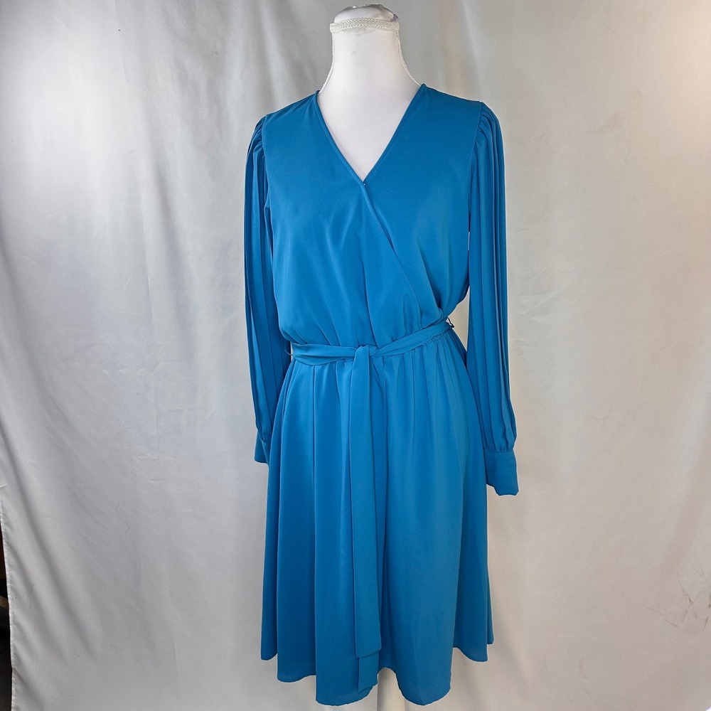 Anne Klein S Dress Teal Ocean Blue Elegant Pleated Sleeve Wrap Style Midi NWT